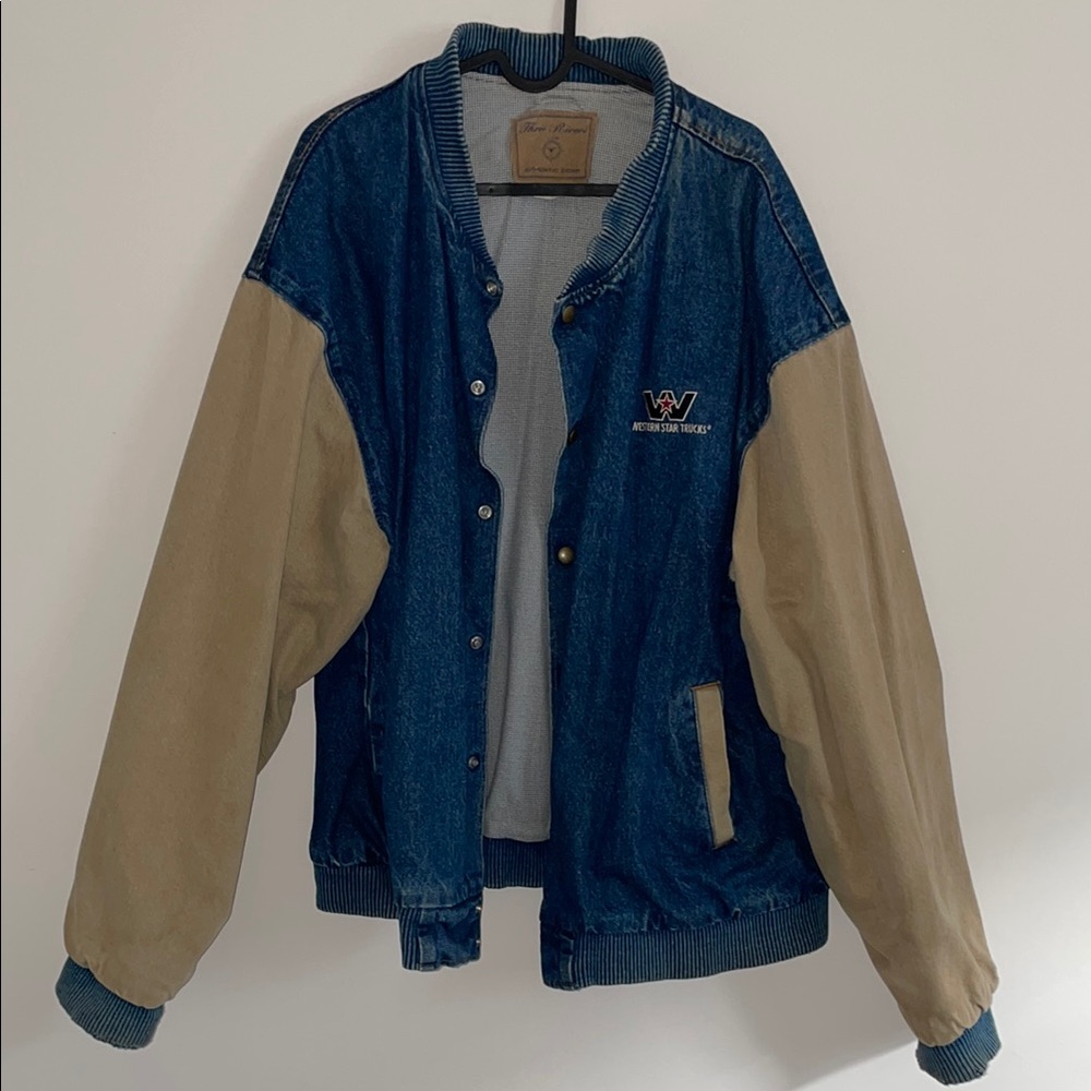 Vintage Denim Bomber Jacket with Tan Sleeves